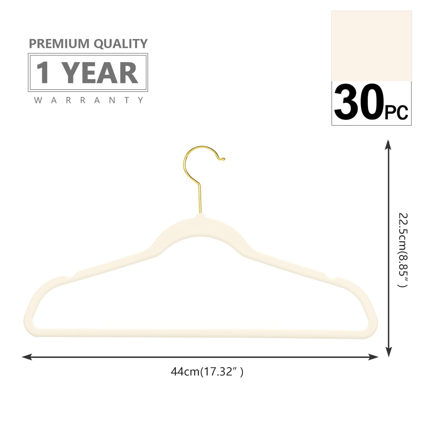 MIZGI Premium Velvet Hangers Pack 30 Pcs Heavyduty - Non Slip Slimline - Velvet Suit Hangers Ivory - Gold Hooks,Space Saving Clothes Hangers