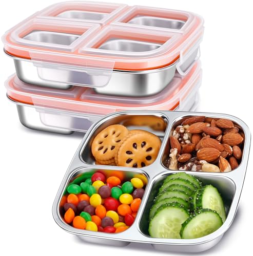 3-Pack Stainless Steel Snack Containers with 4 Compartments - 20 oz Kids Lunch Boxes