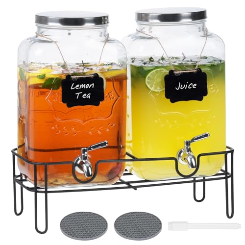 Moretoes 2 Pack 2 Gallon Glass Drink Dispensers with Stand & Spout - Party Beverage Set