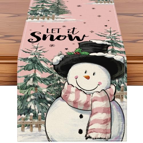 Pink Xmas Snowman Table Runner 13x120 Inch Holiday Home Decor