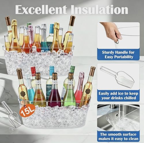 KITHELP 15L Large Ice Bucket for Parties, Beverage Chiller with Scoops, Transparent Acrylic Drink Tub for Champagne Beer Wine