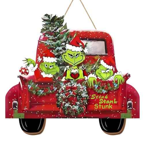 Christmas Door Hanging Sign Decorations, Wooden Christmas Wall Hanging Decor, Truck Wreath Pattern Front Door Signs for Porch Wall Indoor Outdoor Holiday Decor (Green)