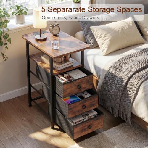 Narrow Side Table with Charging Station - Brown Power Style, Small End Table