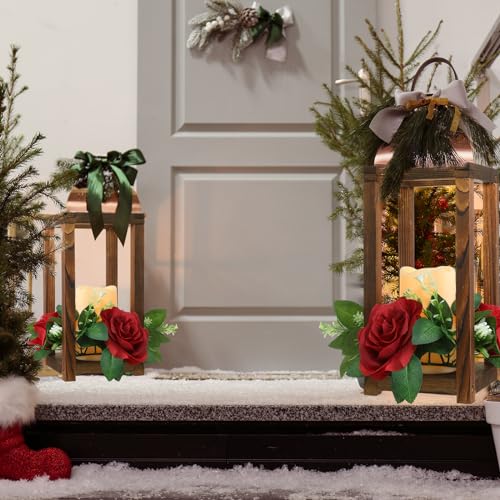 Wooden Wedding Lantern Centerpieces with Red Rose & LED Candles - Rustic Decor Set