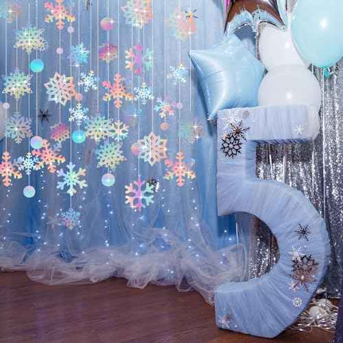 Fuutreo 60 Pcs Christmas Snowflake Snowball Cutouts Iridescent Paper Snowflakes Decorations Holographic Winter Decorations Double-Sided Snow Flakes Garland with 100 Glue Points