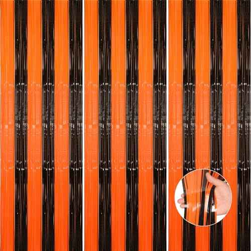 Accevo Black Orange Party Streamers 3Pack 3.2ft x 8.2ft Tinsel Black Orange Streamers Party Decorations Door Decorations Foil Fringe Curtain Halloween Christmas Party Decorations Orange Party Decor