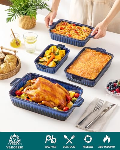 Vancasso Blue Ceramic Casserole Dishes Set of 4 Oven Safe Deep Rectangular Lasagna Pans
