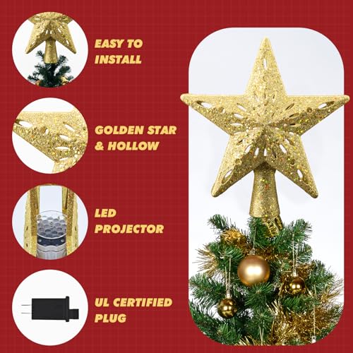 YCIND Golden-Star Lighted Christmas Tree Topper with 3D Hollow Design & 6 Rotating Patterns
