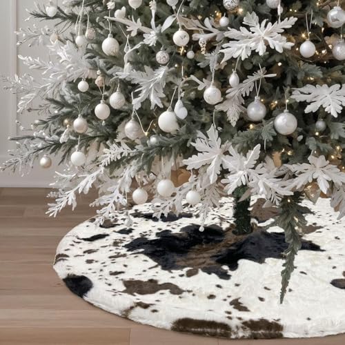 DegGod 24-Inch Cow Print Christmas Tree Skirt - Faux Fur Western Cowhide Ready for Xmas