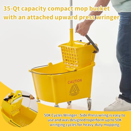 35 Quart Commercial Mop Bucket with Wringer on Wheels - Heavy Duty Floor Cleaning