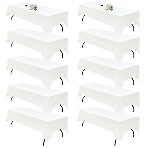 10Pack White Table Cloths for 8 Foot Rectangle Tables 60 x 126 Inch, 8FT White Tablecloth Rectangle Bulk Linen Polyester Fabric Washable Cloth Cover for Wedding Reception Banquet Birthday Party