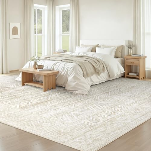 Ivory Beige 8x10 Washable Moroccan Boho Rug with Non-Slip Backing