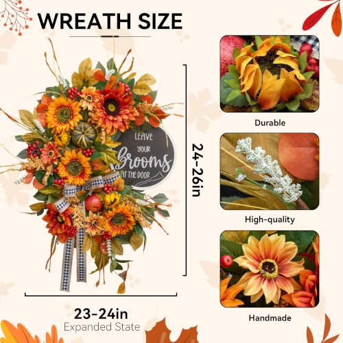 Peony Fall Wreath for Front Door 24 Inch Autumn Rustic Sunflower Decor