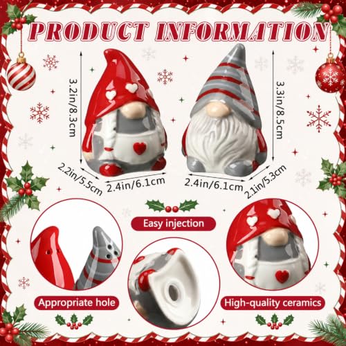 Vesici Christmas Red & White Ceramic Gnome Salt & Pepper Shaker Set - Heart, 3.3 Inch