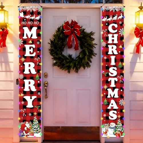 71 x 12 Inches Christmas Lighted Banner for Doorway Porch Yard, ¡°MERRY¡± and ¡°CHRISTMAS¡± Buffalo Plaid Holiday Theme Decor Outdoor Indoor Front Door Wall Welcome Hanging LED Banner Sign Decorations