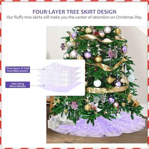 Christmas Wedding Tree Skirt, 4 Layer 45 in Snowflake Tulle Tree Decoration for Party Indoor, Fluffy Tree Cover Mat Ornament for Holiday, Purple