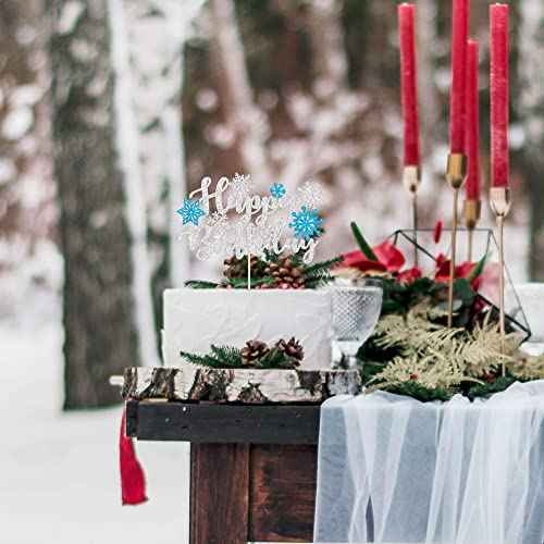 1Pcs Snowflake Happy Birthday Cake Topper Winter Wonderland Frozen Cake Topper Decoration Snowflake Party Supplies Blue