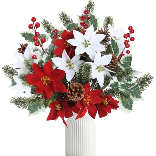 Christmas Artificial Flower Bouquets 14'' Poinsettia Holly Pinecones Red & White