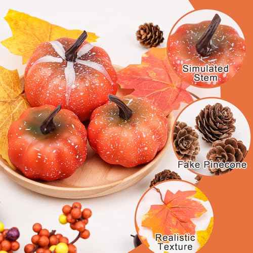 29 Pcs Artificial Pumpkins Decor Set,Fall Home Decorations Including Mini Pumpkins,Maple Leaves,Acorns,Pine Cones,Berries for Home Fall Halloween Thanksgiving Pumpkin Table Decor