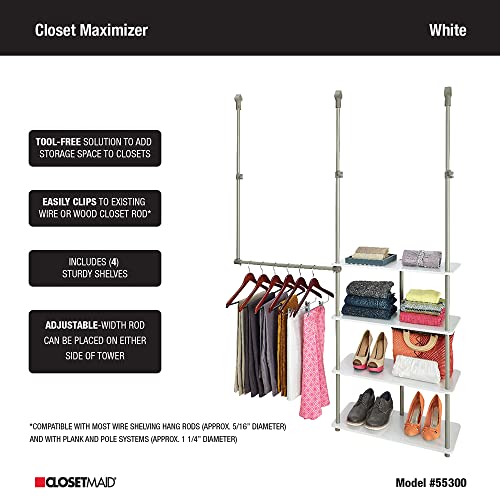 White Closet Maximizer™ Closet Accessory with 4 Shelves & Double Hang Rod - Adjustable, Tool-Free Installation