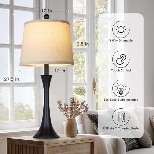 Black 27.5" Modern Touch Table Lamps Set of 2 with USB-C+A Ports, Dimmable Nightstand Lamps, Bulbs Included