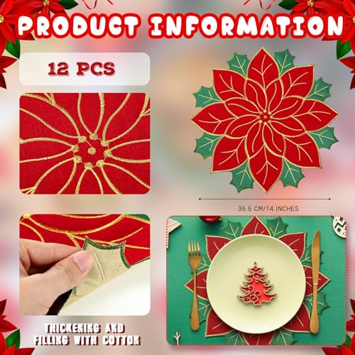 Ganeen 12 Pcs Christmas Poinsettia Placemats Set Embroidered Red
