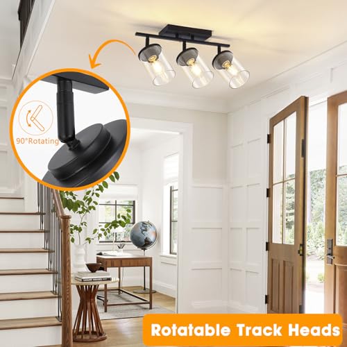 Black 3-Light Semi Flush Ceiling Light with Glass Shades - Adjustable Track Mount