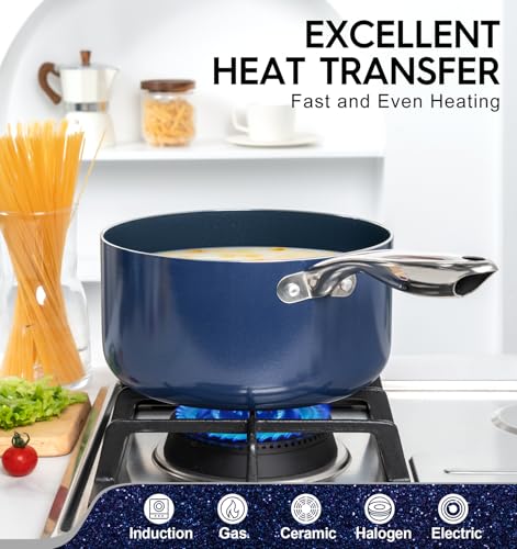 Michelangelo Blue 4 Qt Nonstick Ceramic Saucepan with Lid - Induction & Oven Safe
