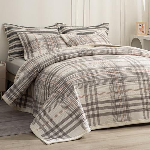 Queen Size Reversible Cotton Quilt Set with Wave Quilting - Grey & White, 90x96, Grid Pattern - Includes 2 Pillow Shams - Light & Soft for All Seasons