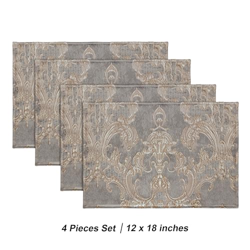 Loom and Mill Luxury Damask Placemats Set of 4 - Gray/Beige Pattern, Double Layer