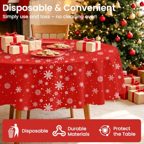 LANLISA 12 Pcs Red White Snowflake 84” Round Disposable Plastic Tablecloths Set