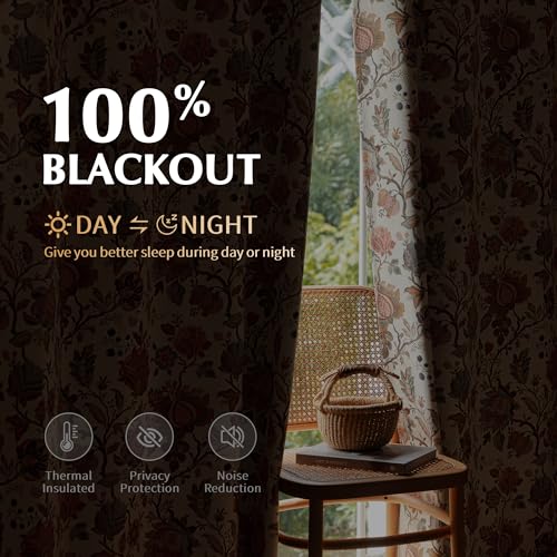 Blackout Floral Curtain Panels - 52W x 84L Inches, Pack of 2, Beige Boho Style