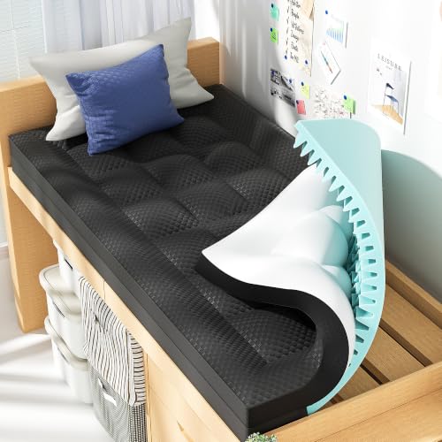 BEDELITE Dual Layer Memory Foam Mattress Topper Twin XL Black 4 Inch Cooling Gel Support