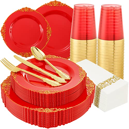 Morejoy 175PCS Red & Gold Disposable Plastic Plates Set - Elegant Partyware