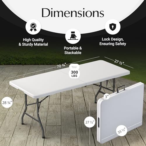 White 6FT Foldable Camping & Dining Table with Handle - Heavy Duty Portable