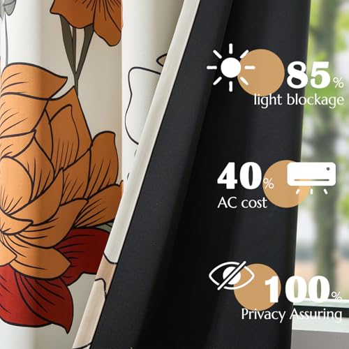 Boho Floral Blackout Curtains 84 Inch Grommet 4 Panels - Orange / Red / 50"W x 84"L