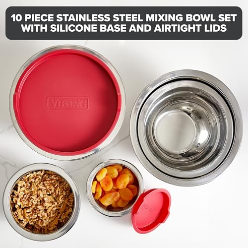 Viking 10-Piece Stainless Steel Mixing Bowl Set with Red Non-Slip Silicone Base & Lids
