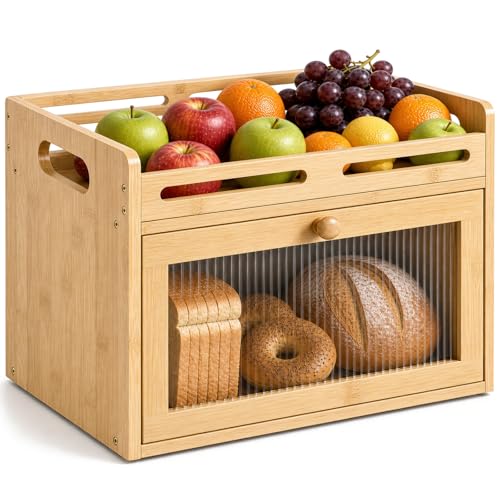 Coiesol Bamboo 1-Tier Bread Box with Top Shelf for Kitchen Countertop Storage