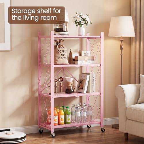Pink 4-Tier Folding Metal Storage Shelf with Wheels - No Assembly