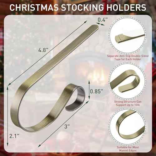 Edoneery Christmas Stocking Holders for Fireplace Mantle with Separate Double-Sided Tapes, 6 Pack Adjustable Non-Slip Metal Stocking Hangers for Mantel Xmas Party Decorations,Bronze