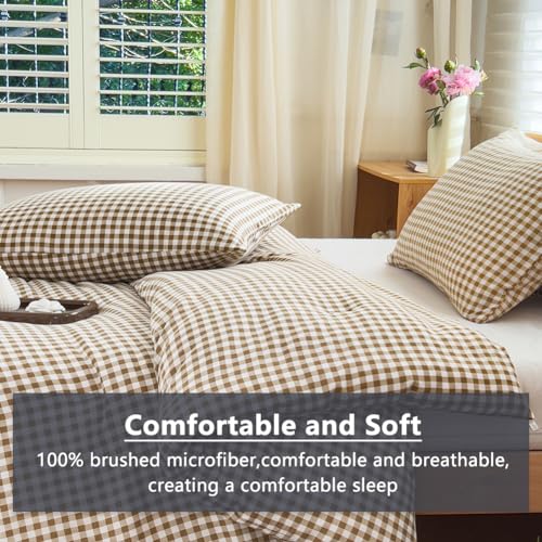 Tan Gingham Queen Comforter Set - 3 Pieces, Bedspread & Pillow Shams