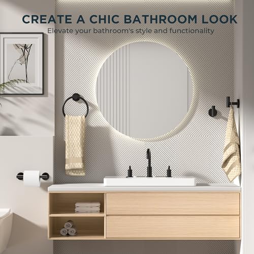 Matte Black Bathroom Accessories Set - 4-Piece Wall Mount Hardware with Pivoting Toilet Paper Holder & Adjustable Towel Ring