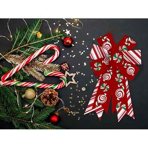 2 Pieces Christmas Bows for Wreath, Merry Christmas Wreath Bows Red Burlap Bows Xmas Candy Craft Bows Ornaments Winter Tree Bows for Front Door Christmas New Year Decorations