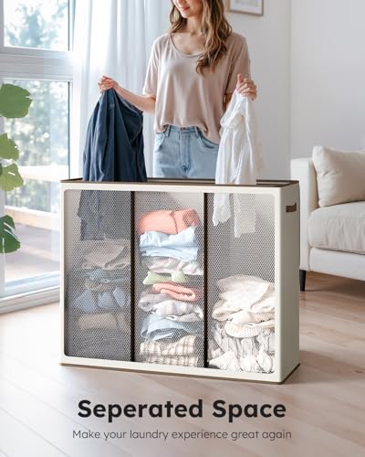 SOLEDI Off-White 180L Large 3-Section Laundry Hamper with Removable Mesh Bags