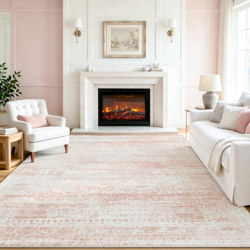 Srugn Pink White Washable 8x10 Area Rug for Living Room & Bedroom - Non-Slip, Cushioned, Machine Washable