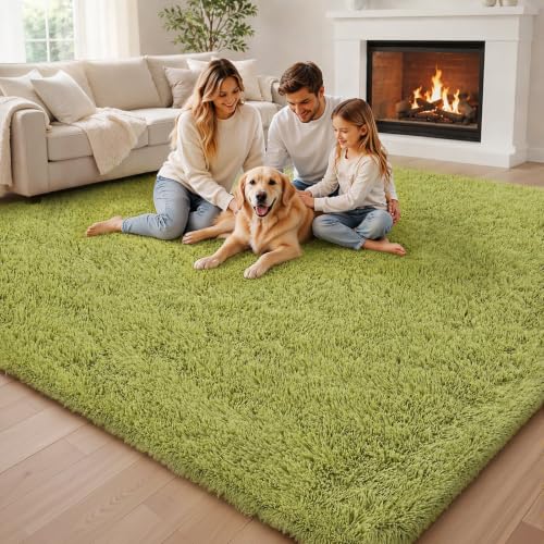 8x10 Green Shaggy Plush Area Rug - Large Furry Carpet for Living Room