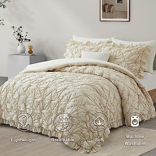 Beige King Comforter Set with Pinch Pleat Ruffle 3 Pieces - Microfiber Bedding