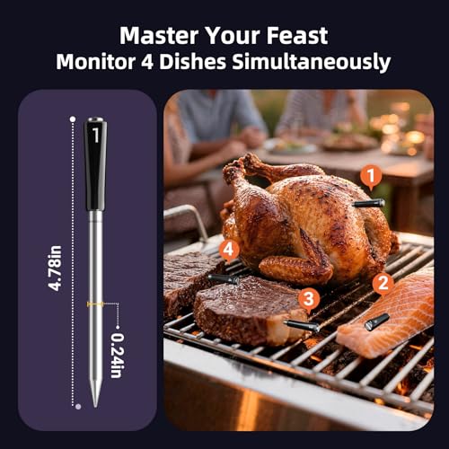 Wireless Digital Meat Thermometer with 4 Probes & IP67 Waterproof for Grill Oven Cooking