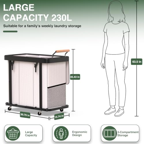 White 3-Section Laundry Hamper with Wheels & Lid - 60 Gal, Foldable & Sturdy