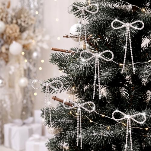 12 Silver Rhinestone Christmas Bow Ornaments - Elegant Holiday Decor